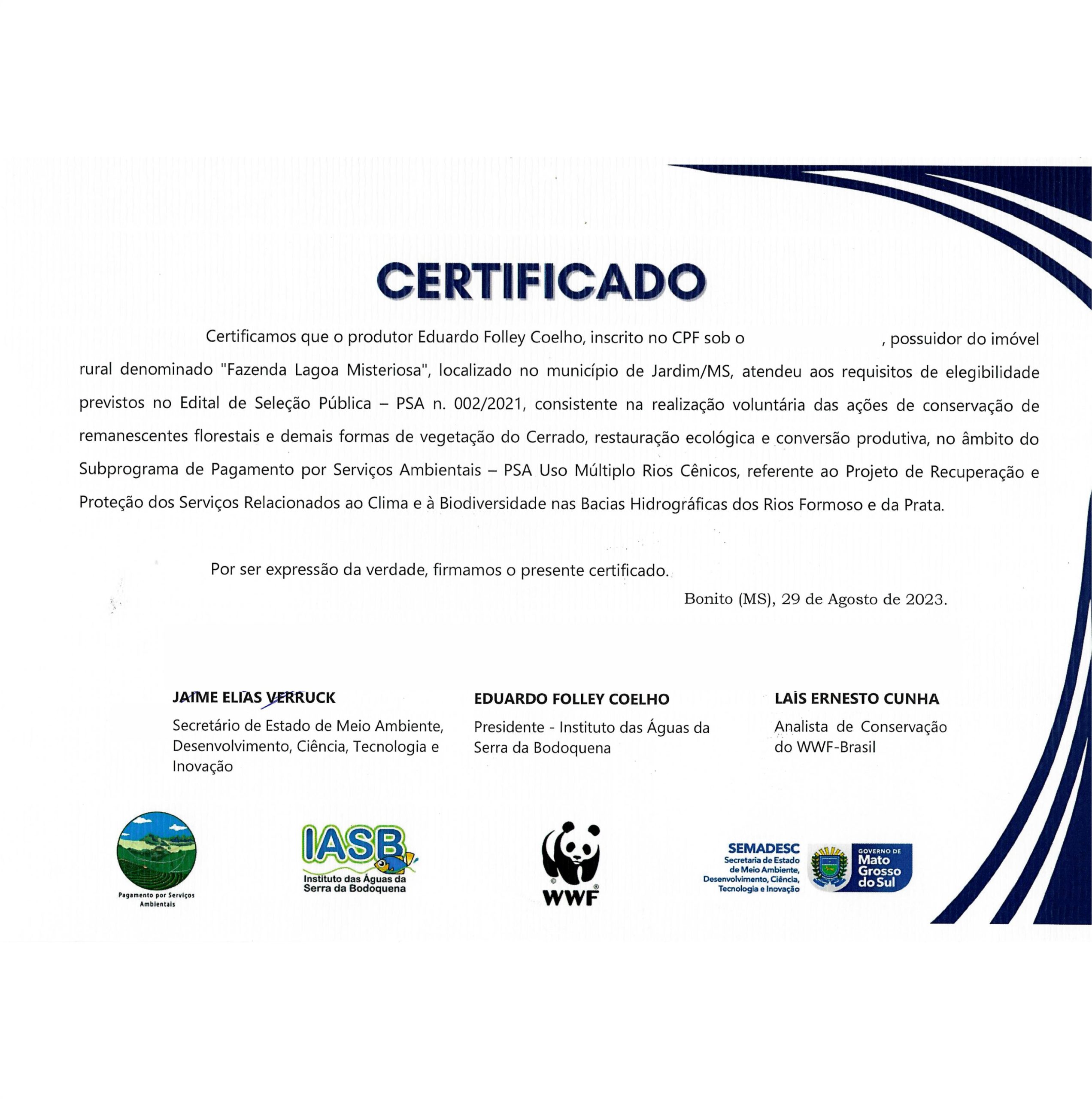 Certificado do Subprograma de Pagamento por Serviços Ambientais - PSA